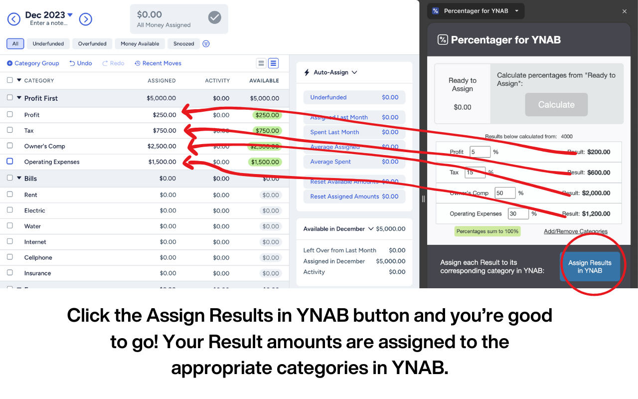 screenshot showing Percentager assigned the Results to the corresponding categories in YNAB