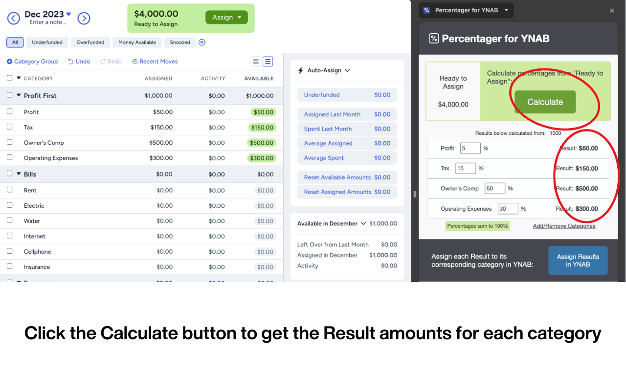 screenshot showing the Percentager extension calculated the Profit First category percentages